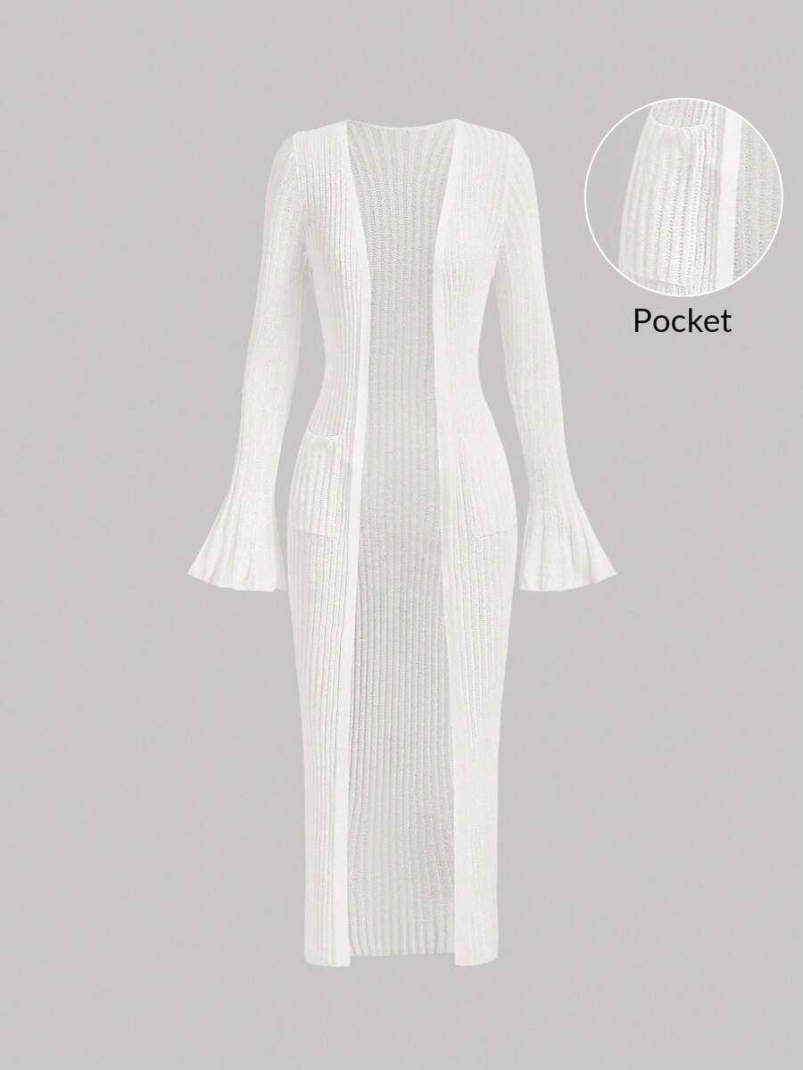 SHEIN MOD 米白色口袋喇叭袖修身开衫，返校季开衫，教师服装，复古女式毛衣，90年代时尚，校园开衫，秋冬开衫，学院风开衫，开学第一天，办公装，外出装，秋季毛衣，万圣节毛衣 - 米色 - 查看 1