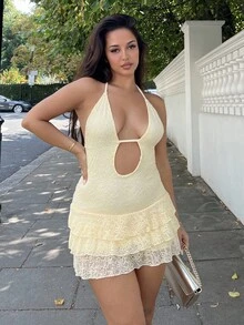 NegzBox Damen einfarbiges sexy Minikleid mit offenem Rücken und Trägerkragen - Gelb - Übersicht 5