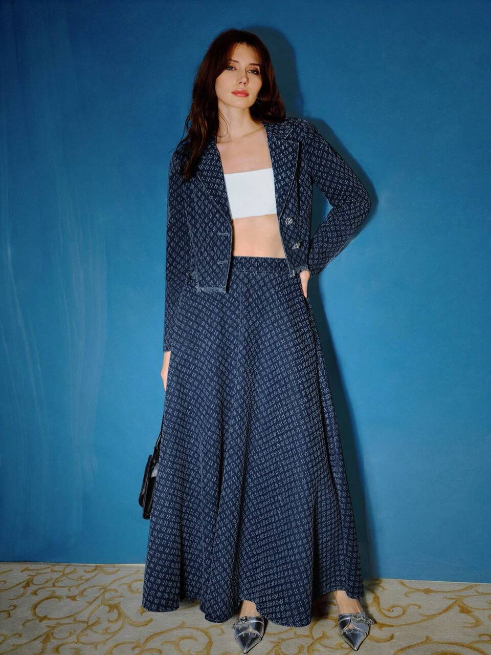 MOTF JACQUARD RAW HEM DENIM JACKET AND DENIM SKIRT SET, AUTUMN/WINTER