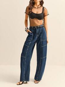 Daynim Women's Casual Vacation Barrel Leg Jeans Women's Going Out Jeans Women's Casual Jeans - Dark Wash - View 7