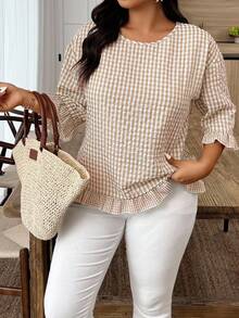 Weeklong Plus Size Casual Plaid Ruffle Trim Shirt Fall - Khaki - View 5