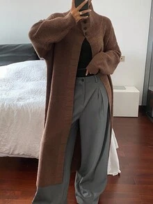 DAZY Women's Solid Color Floral Chiffon Loose High Neck Long Sleeve Long Cardigan, Casual Street Style, Autumn/Winter - Brown - View 5