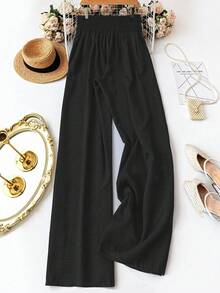 SHEIN CURVE+ Plus Size Women's Casual Bowknot Wide Leg Pants, Suitable For Daily Casual/Holiday Wear - Black - View 2