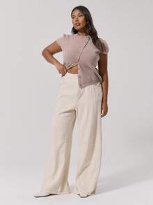 MUSERA 对比色缝线阔腿中腰牛仔裤，优雅可爱性感街头风，适合夜间外出穿着，曲线优美 - 奶油色 - 查看 1