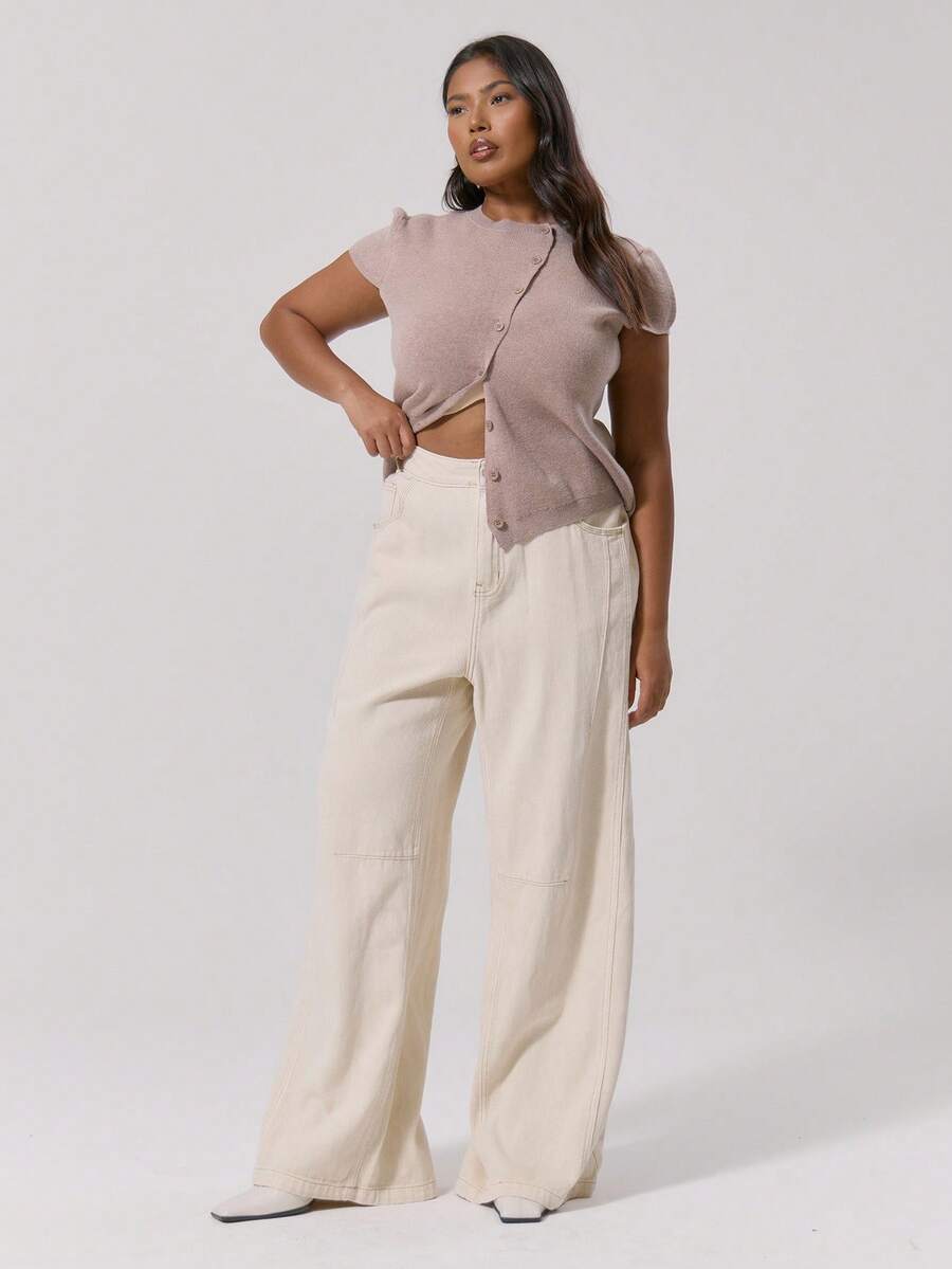 MUSERA 对比色缝线阔腿中腰牛仔裤，优雅可爱性感街头风，适合夜间外出穿着，曲线优美 - 奶油色 - 查看 1