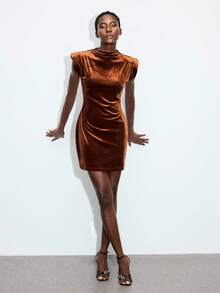 Maija Rust Brown Velvet Padded Shoulder Sleeveless Cinched Waist Fitted Mini Dress,Chic Night Out Autumn Elegant Dresses For Women,Halloween Party Holiday - Brown - View 4