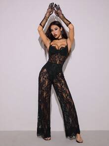 SHEIN PETITE 纯黑色性感透明蕾丝连体裤，优雅女士内衣，日常约会装，外出装，派对装，不对称阔腿连体裤，情人节连体裤，休闲连体裤，优雅连体裤 - 黑色 - 查看 6