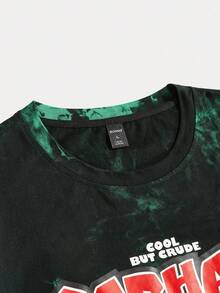 ROMWE MEN TEENAGE MUTANT NINJA TURTLES X ROMWE Camiseta masculina casual com estampa de tartaruga tie-dye e gola redonda, manga curta, verão - Verde - Ver 3