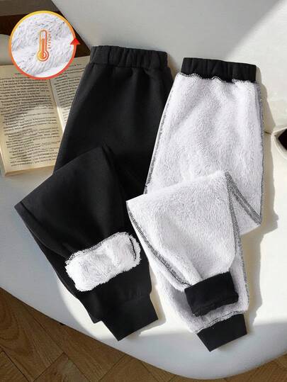 Pantalones deportivos informales con forro térmico para niños preadolescentes, diseño sencillo con puños negros, buena relación calidad-precio