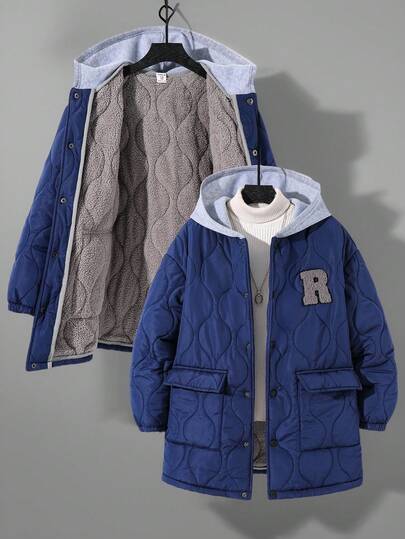 SHEIN 一件装青少年男童休闲运动学院风简约中长款加厚羽绒服，带抓绒保暖内衬，冬季外套，绗缝外套，适合返校秋季穿着。