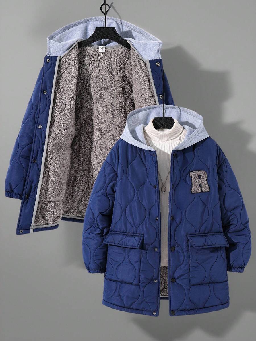 SHEIN 一件装青少年男童休闲运动学院风简约中长款加厚羽绒服,带抓绒保暖内衬,冬季外套,绗缝外套,适合返校秋季穿着。 - 寶藍色 - 查看 1