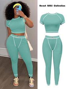 Slaydiva 2025 春夏新款休闲街头百搭运动基础修身绿色圆领短袖短款T恤和撞色腰裤女两件套，适合音乐节、复活节、西部游牧风格、乡村风格、婚礼嘉宾、日常旅行、毕业季、派对聚会、俱乐部、运动健身、瑜伽 - B - 薄荷綠 - 查看 1