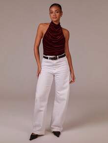 COSMINA Damen Plissee Swing Ausschnitt Trägertop, burgunderrotes Top, elegantes Top, Samtgewebe, geeignet für Partys, Urlaubsoutfits, Cocktailpartys, Dates, Raves, Abendessen und formelle Anlässe - Rot - Übersicht 4