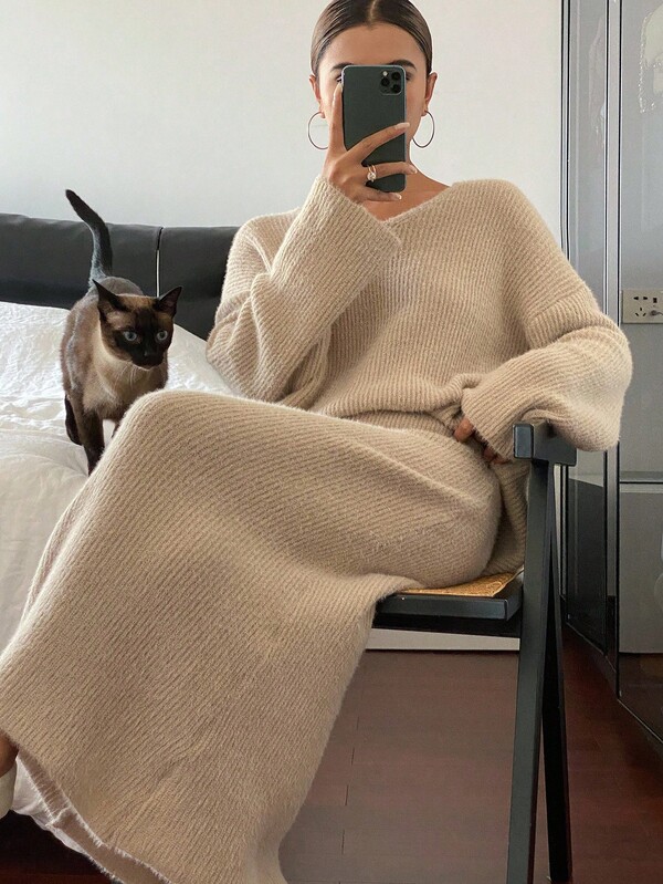 Livesso Ensemble deux pièces en tricot, top ample col V et jupe, automne