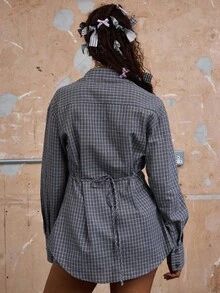 COUREZ Áo sơ mi dài tay thắt eo họa tiết kẻ caro / Áo mùa hè cho nữ, phong cách vintage Y3K Y2K - Xám - Xem 3