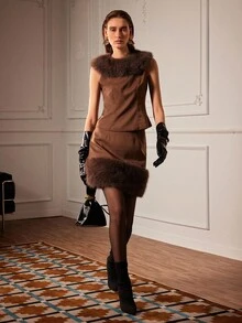 Almamuse 2pcs/Set Casual Elegant Coffee Brown Fur Collar Sleeveless Vest & Fluffy Hem Skirt Set For Women,Autumn Winter Luxury Trimmed Dress For Dining,Office - Coffee Brown - View 7