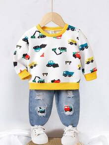 SHEIN Playful Pals 男嬰卡車和挖土機圖案印花上衣配破洞牛仔褲套裝 - 白色 - 查看 1