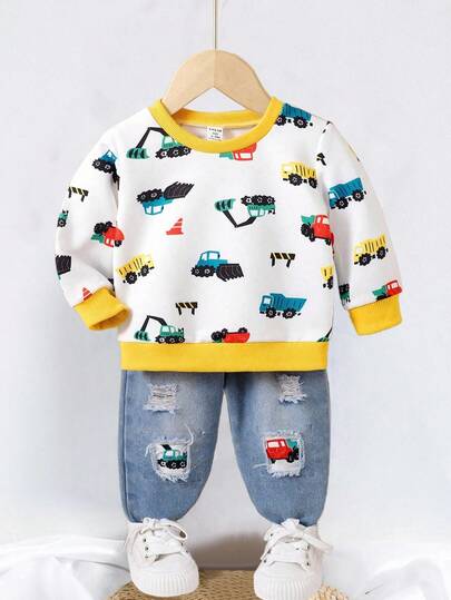 SHEIN Playful Pals 男嬰卡車和挖土機圖案印花上衣配破洞牛仔褲套裝