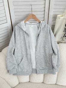 女童拉链口袋插肩袖休闲卫衣外套，适合周末、休闲外出、返校等场合，灰色儿童拉链卫衣，女童灰色卫衣，女童灰色拉链卫衣，秋冬季 - 淺灰色 - 查看 8