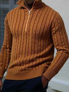 NEOSTRIT Sweater Kasual Rajut Kabel Ukuran Besar Pria, Model Seperempat Resleting, Musim Gugur/Musim Dingin, Lengan Panjang - Coklat - View 5