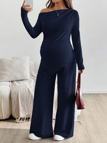 SHEIN 2pcs Maternity Casual Solid Asymmetric Top And Pants Set Pregnant Outfits Maternity Two Piece Sets Maternity Jumpsuits For Woman Pregnancy Clothes Maternity Clothes Two Piece Suits - Navy Blue - View 5
