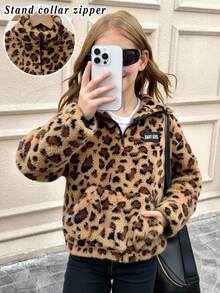 SHEIN Serisse Kids Tween Girls Casual Leopard Print Teddy Fleece Reversible Stand Collar Half-Zip Patch Pocket Loose Fit Long Sleeve Sweatshirt, Autumn/Winter, Fur Jacket Kids, Tween Plush Jacket, Kid Girl Jacket, Girls Cartoon Jackets Fall