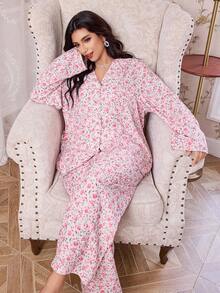 CottageSlumber 大码碎花荷叶边领长袖睡衣套装，秋季服装