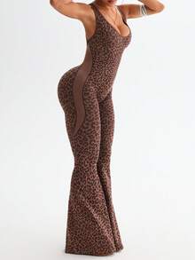 Rhythm Era 1 件女式加大码无缝性感豹纹深 V 领扭背瑜伽健身运动吊带背心和喇叭连体裤 - 咖啡棕 - 查看 4