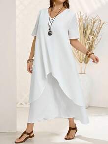 EMERY ROSE Plus Size Women's Fashionable Asymmetrical Cut Long Short Sleeve Dress