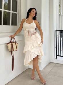 NegzBox Women's Creamy Apricot Summer Skirt With High-Low Hem ,Drawstring Ruffled Layered,Party Skirt,Boho Skirt,Lunch Skirt - Apricot - View 1