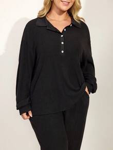 Momelise Plus Size Casual Loose Comfortable Half-Zip Collar Long Sleeve Top And Straight Leg Pants 2 Pieces Set For Women