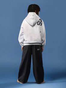 SUMWON 棉质青少年男童阔腿牛仔裤滑板风格经典原色牛仔宽松版型街头潮流休闲宽松裤四季日常下装宽松剪裁 - 黑色 - 查看 5