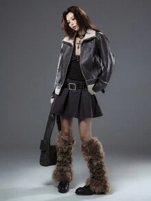 Bloopia Retro American Style Women's Autumn/Winter Halloween New Faux Fur Distressed Texture Composite Material Fashion Classic Versatile Women Jacket Coat - Black - View 6