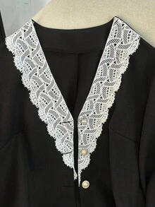 Modelyn Plus Size Women's Elegant Romantic Contrast Color Floral Trim Button-Up Long Sleeve Jacket - Black - View 3