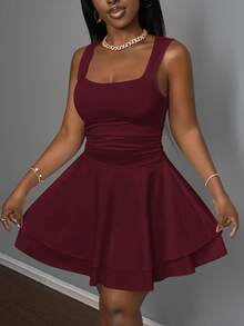 Slaydiva 2026春夏新款休闲度假浪漫基础款街头日常性感优雅通勤派对夜店俱乐部纯白无袖层叠迷你连衣裙，女士大码连衣裙 - 酒紅色 - 查看 3