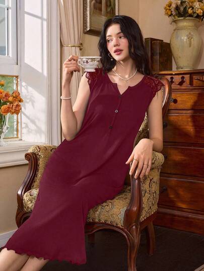 Côtesoire 女式法式 V 领蕾丝花边仿领装饰纽扣休闲睡袍