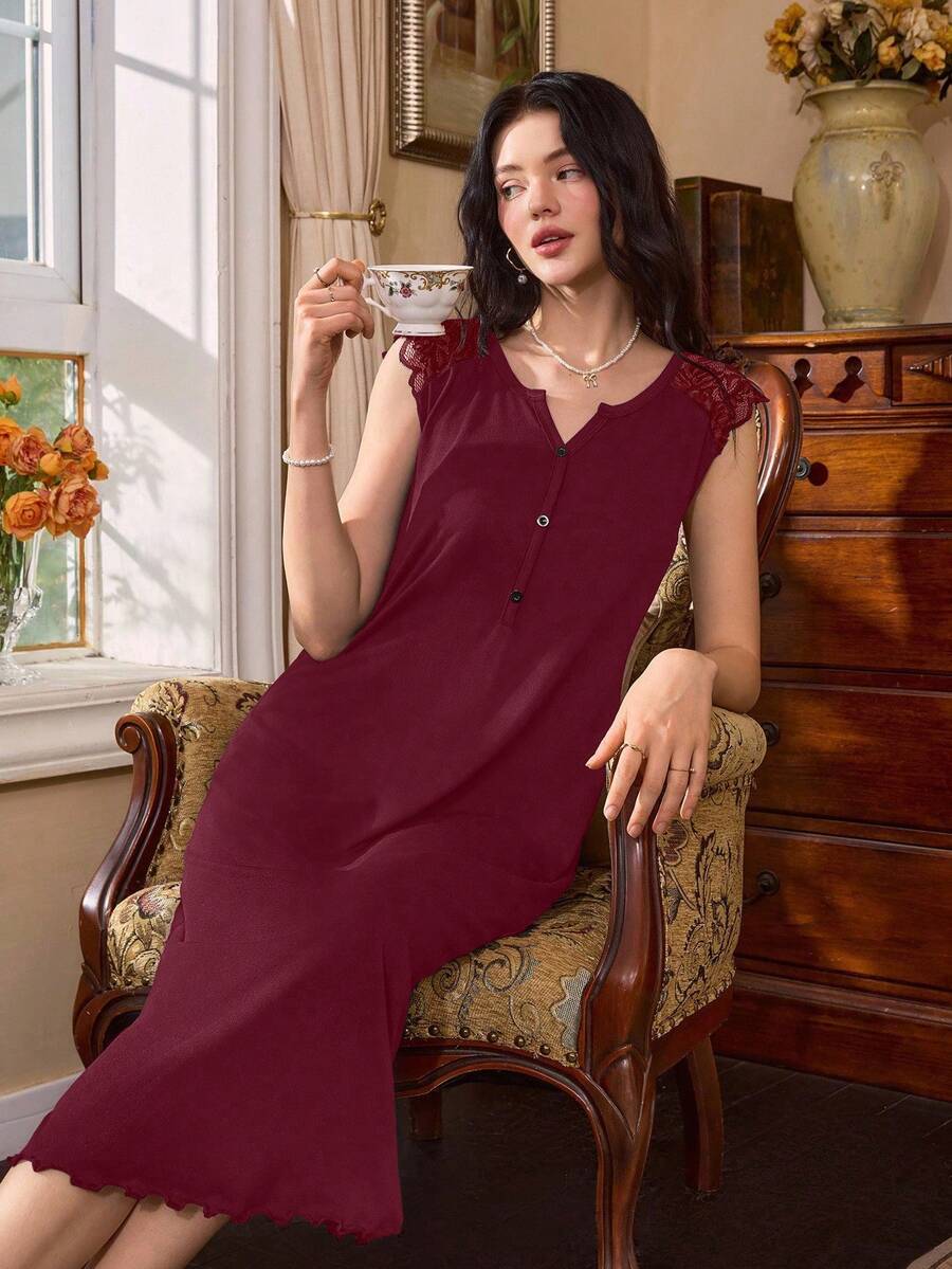 Côtesoire 女式法式 V 领蕾丝花边仿领装饰纽扣休闲睡袍 - 酒紅色 - 查看 1