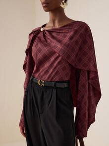 Vesra Chic Plaid Beaded Twist Knot Loose Blouse Fall Cloth For Women - Red - View 1