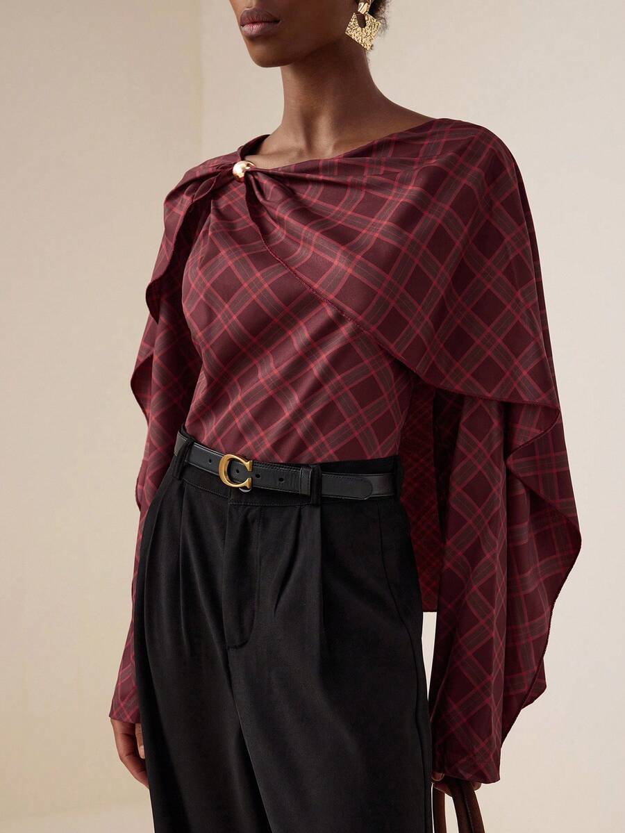 Vesra Chic Plaid Beaded Twist Knot Loose Blouse Fall Cloth For Women - Red - View 1