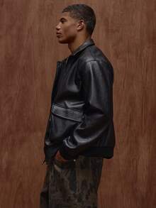 Musero 男式裂纹 PU 卡车司机翻盖口袋拉链皮夹克秋冬装