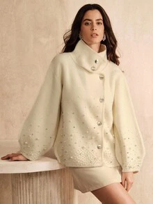 Anewsta 女士冬季开衫，饰以奢华珍珠和水钻，优雅外套，生日礼物 - 白色 - 查看 4