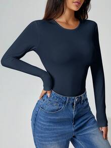 SHEIN PETITE Solid Long Sleeve Slim Fit White T-Shirt Bodysuit,Fall