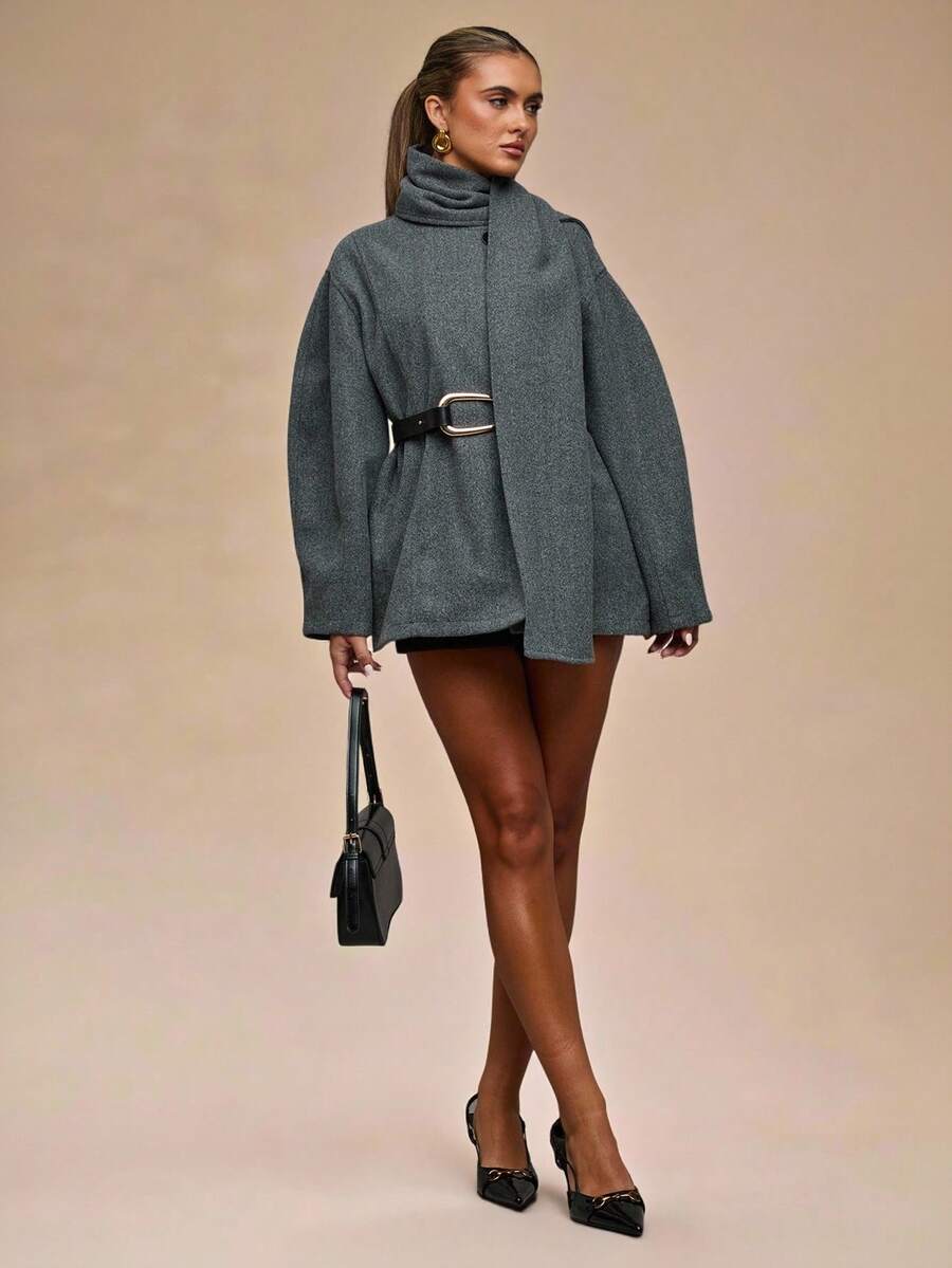 SHEIN BAE Bufanda elegante, cinturón de cintura suelta, abrigo corto de cintura ceñida, abrigos de invierno para mujer, abrigo informal, abrigos de invierno para mujer, abrigos elegantes para mujer, otoño