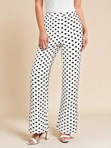 Amorya Women's Vintage Polka Dot Black & White Print Knit Elastic Pants, Suitable For Daily, Commuting And Multi-Occasion Wear, Autumn