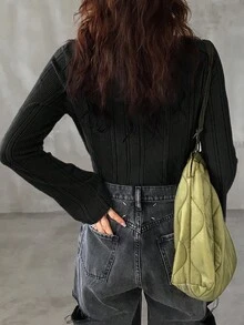 FRIFUL 女士休闲纯色长袖抽绳T恤 - 黑色 - 查看 5