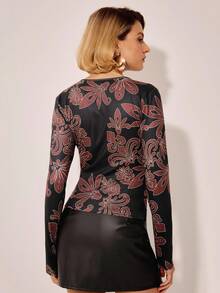 CAJUNI Blusa casual elegante vintage boho con stampa marrone e dettagli traforati a maniche lunghe - Multicolore - Visualizzare 2