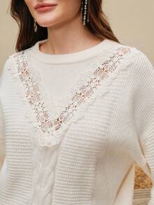 Anewsta 宽松圆领长袖拼布镂空精致时尚设计女式毛衣 - 杏色 - 查看 8