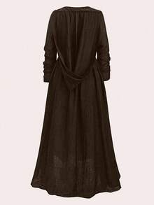 Sweetra Đầm dài tối giản thắt eo phong cách Gothic cổ điển màu trơn - màu nâu - Xem 2