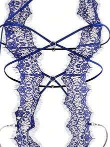 5件套镂空蕾丝紧身衣性感内衣套装 - 寶藍色 - 查看 3