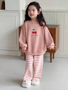 DAZY 少女樱桃印花落肩长袖运动衫和条纹裤睡衣套装 - 粉色 - 查看 7